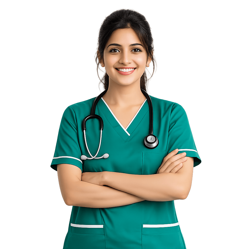 Friendly smiling Indian female nurse in green uniform standing at Gajanan Hospital & Critical Care